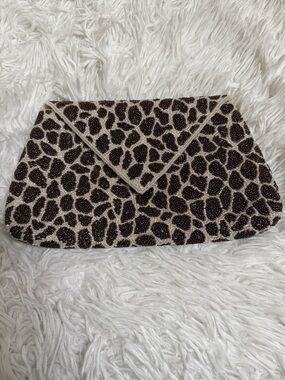 Inge Christopher Beaded Giraffe-Print Envelope Clutch in Brown and Cream